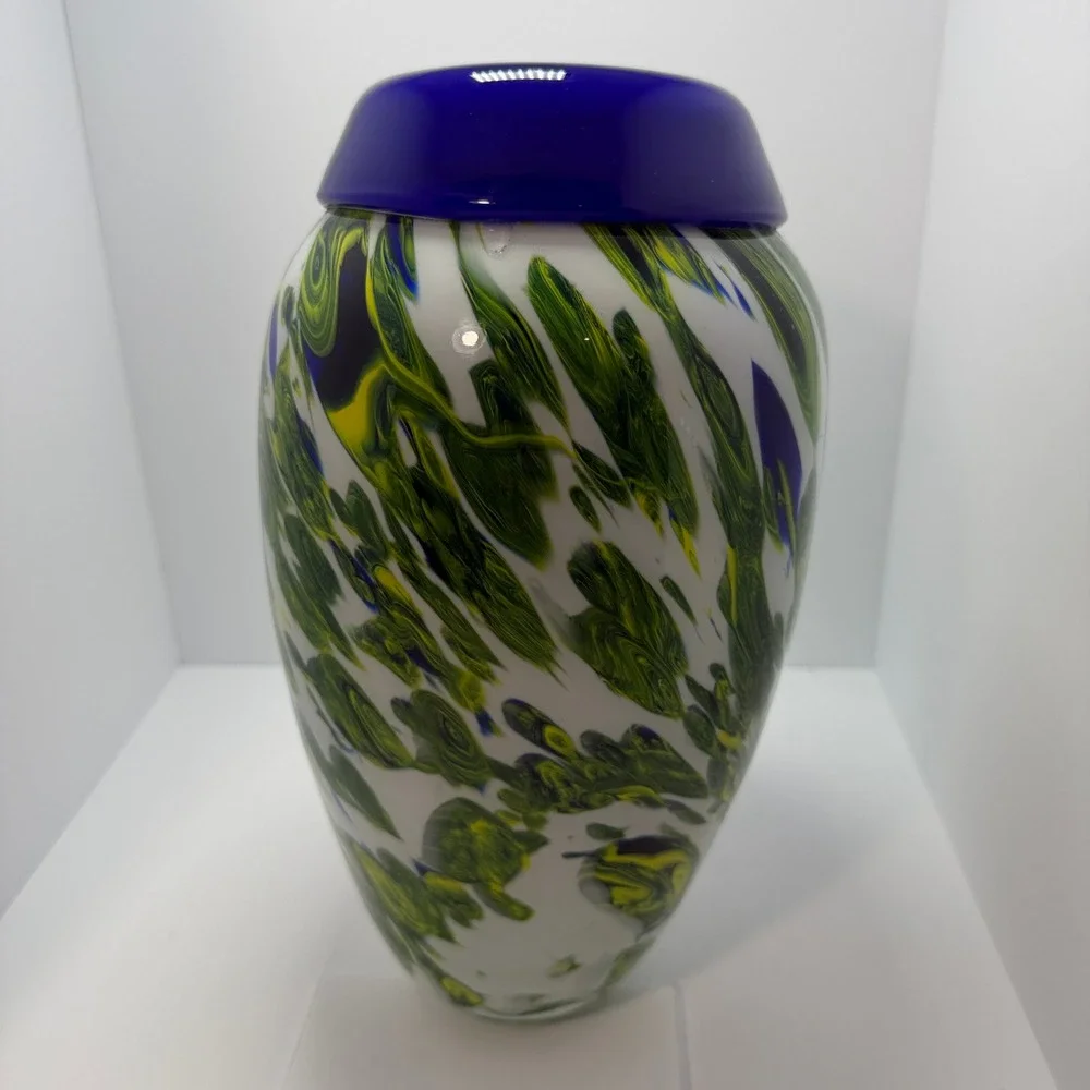 Hand Blown Studio Art Glass Vase Cobalt Green Yellow Swirl White 11 Inch
